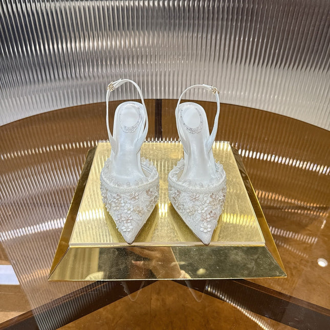RENE CAOVILLA 26S SLINGBACK 75 MM IN WHITE LACE STRAP FLOWER EMBELLISHED