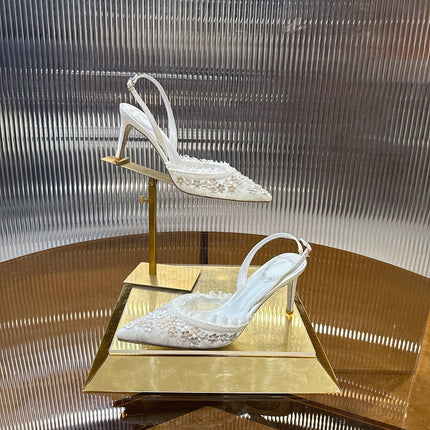 RENE CAOVILLA 26S SLINGBACK 75 MM IN WHITE LACE STRAP FLOWER EMBELLISHED