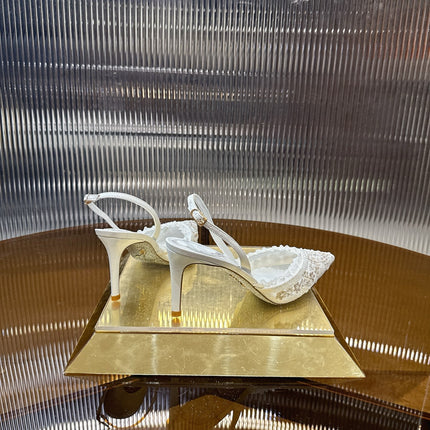 RENE CAOVILLA 26S SLINGBACK 75 MM IN WHITE LACE STRAP FLOWER EMBELLISHED