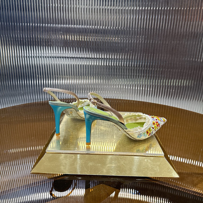 RENE CAOVILLA 26S SLINGBACK 75 MM IN MUTICOLOR LACE STRAP FLOWER EMBELLISHED