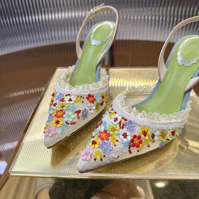 RENE CAOVILLA 26S SLINGBACK 75 MM IN MUTICOLOR LACE STRAP FLOWER EMBELLISHED
