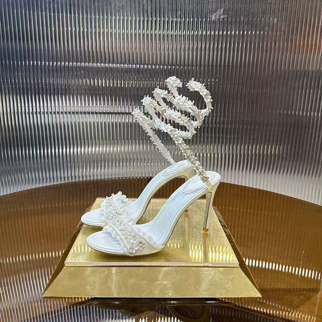 RENE CAOVILLA 26S CLEO HIGH HEELS SANDALS 95 MM IN WHITE LACE STRAP FLOWER EMBELLISHED
