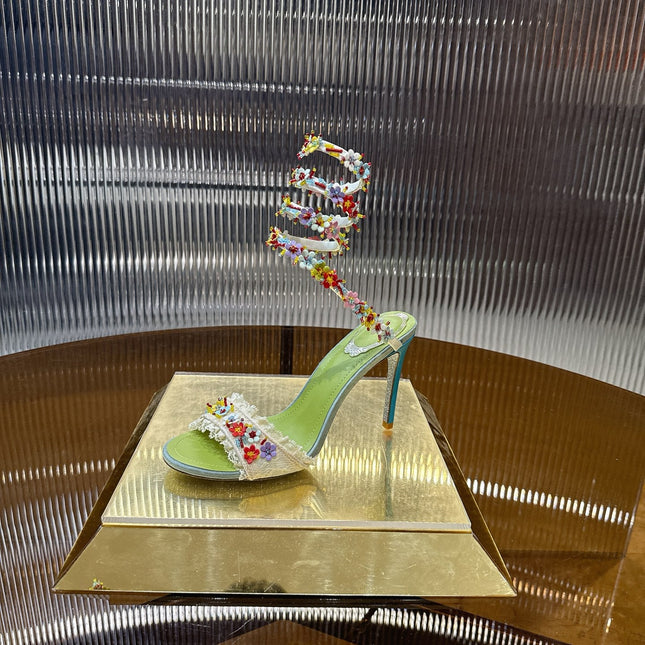 RENE CAOVILLA 26S CLEO HIGH HEELS SANDALS 95 MM IN MUTICOLOR LACE STRAP FLOWER EMBELLISHED