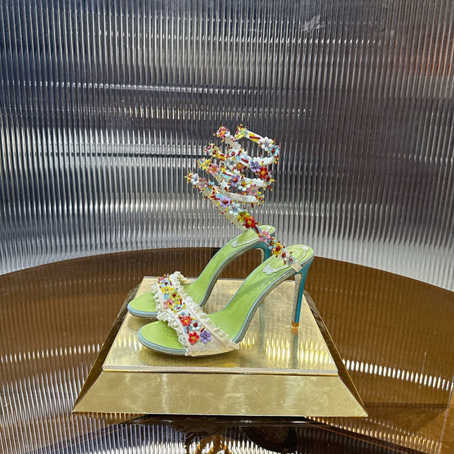 RENE CAOVILLA 26S CLEO HIGH HEELS SANDALS 95 MM IN MUTICOLOR LACE STRAP FLOWER EMBELLISHED