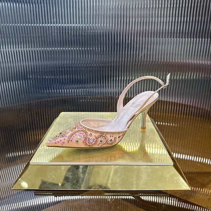 RENE CAOVILLA 26S SLINGBACK HIGH HEELS 75 MM IN PASTEL PINK BEADED EMBELLISHED