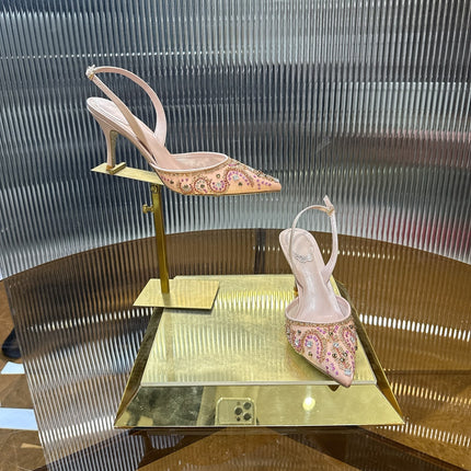 RENE CAOVILLA 26S SLINGBACK HIGH HEELS 75 MM IN PASTEL PINK BEADED EMBELLISHED