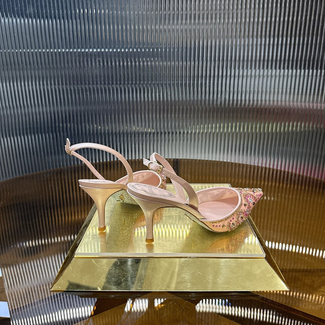 RENE CAOVILLA 26S SLINGBACK HIGH HEELS 75 MM IN PASTEL PINK BEADED EMBELLISHED