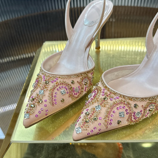 RENE CAOVILLA 26S SLINGBACK HIGH HEELS 75 MM IN PASTEL PINK BEADED EMBELLISHED