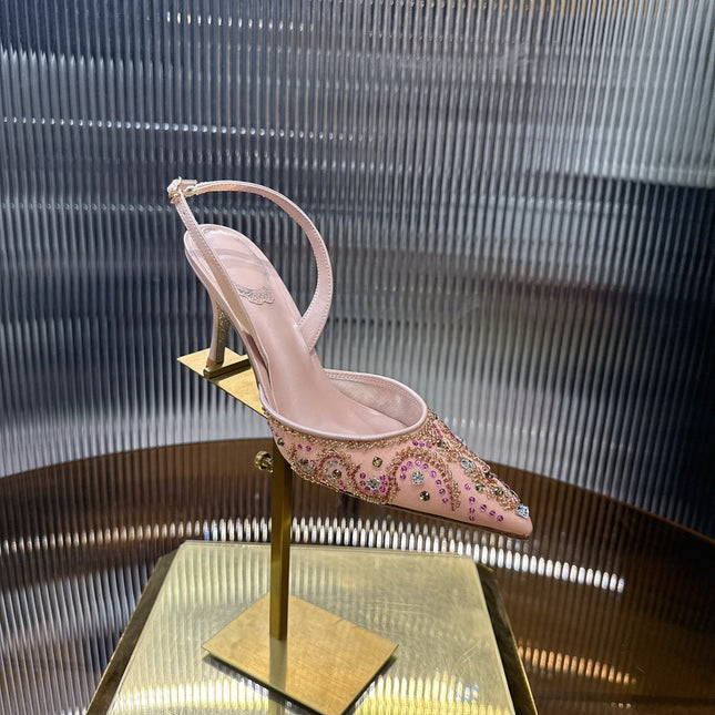 RENE CAOVILLA 26S SLINGBACK HIGH HEELS 75 MM IN PASTEL PINK BEADED EMBELLISHED