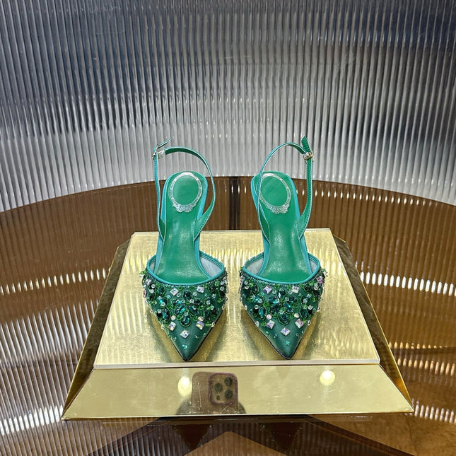 RENE CAOVILLA 26S SLINGBACK HIGH HEELS 75 MM IN GREEN CRYSTAL EMBELLISHED