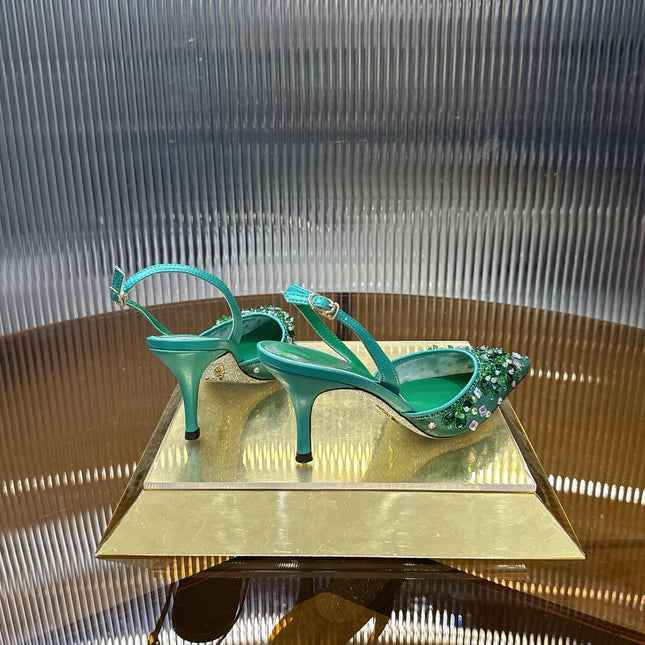 RENE CAOVILLA 26S SLINGBACK HIGH HEELS 75 MM IN GREEN CRYSTAL EMBELLISHED