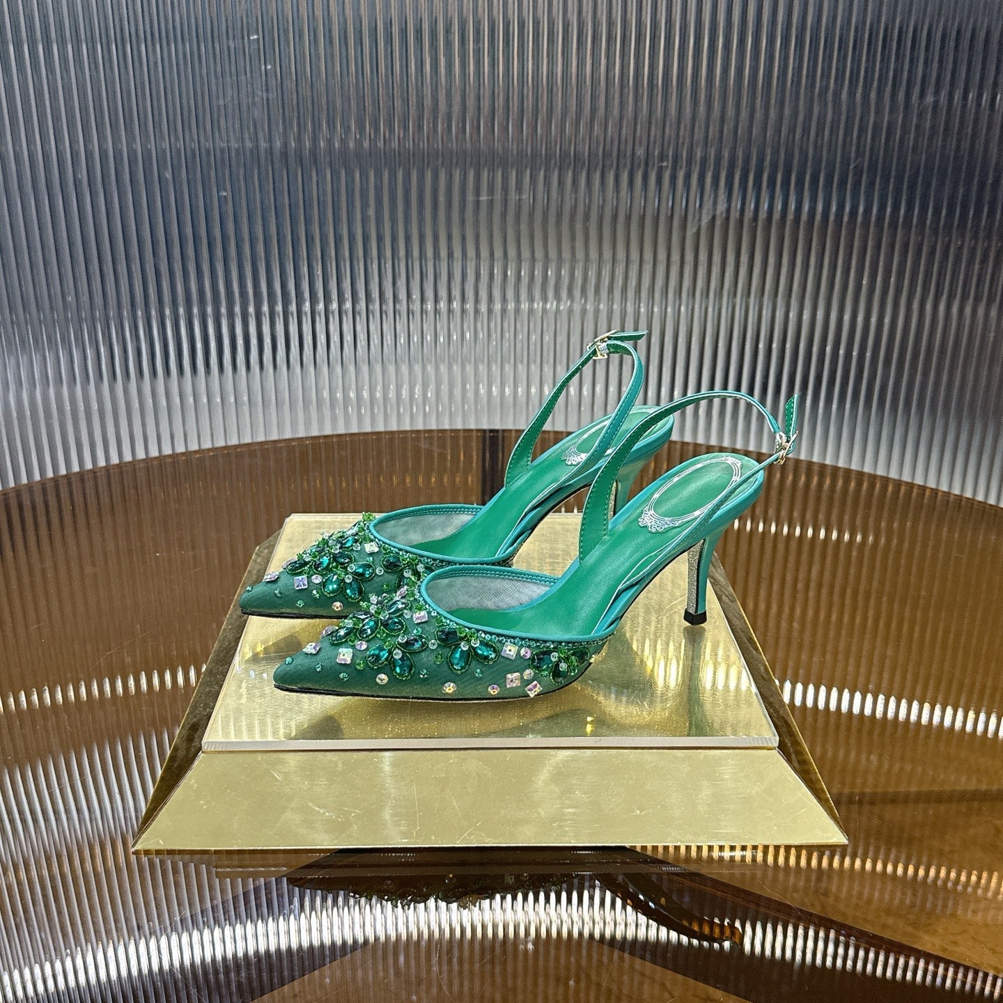 RENE CAOVILLA 26S SLINGBACK HIGH HEELS 75 MM IN GREEN CRYSTAL EMBELLISHED