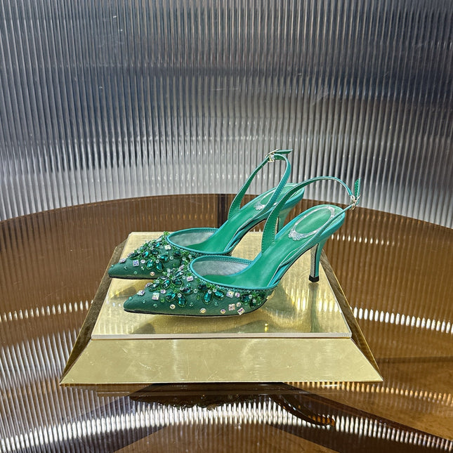 RENE CAOVILLA 26S SLINGBACK HIGH HEELS 75 MM IN GREEN CRYSTAL EMBELLISHED