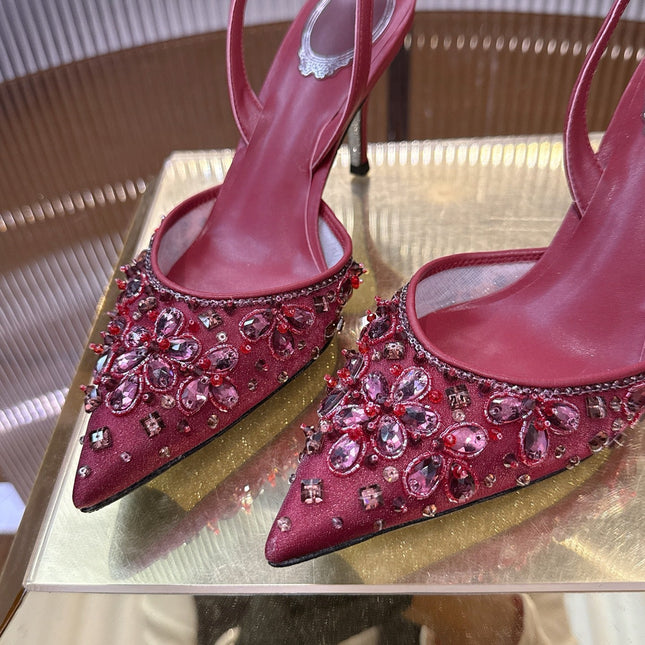 RENE CAOVILLA 26S SLINGBACK HIGH HEELS 75 MM IN DARK RED CRYSTAL EMBELLISHED