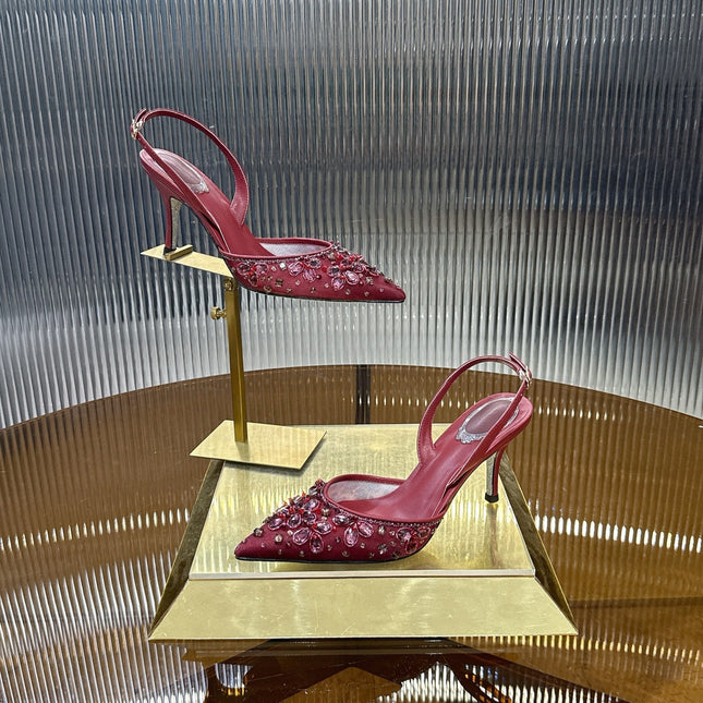 RENE CAOVILLA 26S SLINGBACK HIGH HEELS 75 MM IN DARK RED CRYSTAL EMBELLISHED