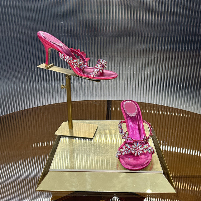 RENE CAOVILLA 26S HEEL SANDALS 75 MM IN DARK METALLIC PINK LAMBSKIN CRYSTAL FLOWER EMBELLISHMENTS