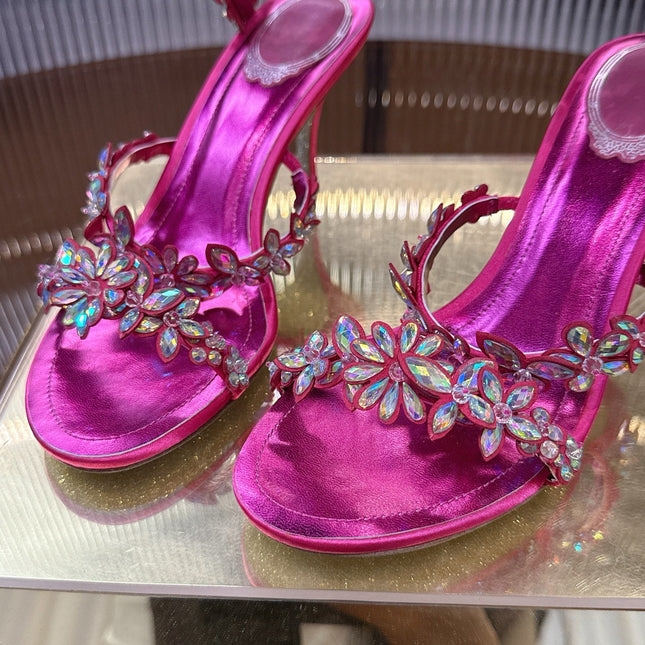 RENE CAOVILLA 26S HEEL SANDALS 75 MM IN DARK METALLIC PINK LAMBSKIN CRYSTAL FLOWER EMBELLISHMENTS