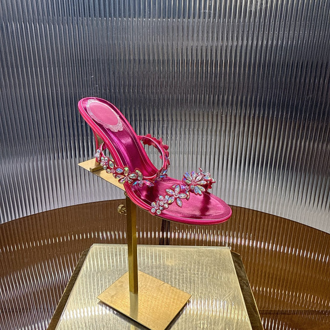 RENE CAOVILLA 26S HEEL SANDALS 75 MM IN DARK METALLIC PINK LAMBSKIN CRYSTAL FLOWER EMBELLISHMENTS