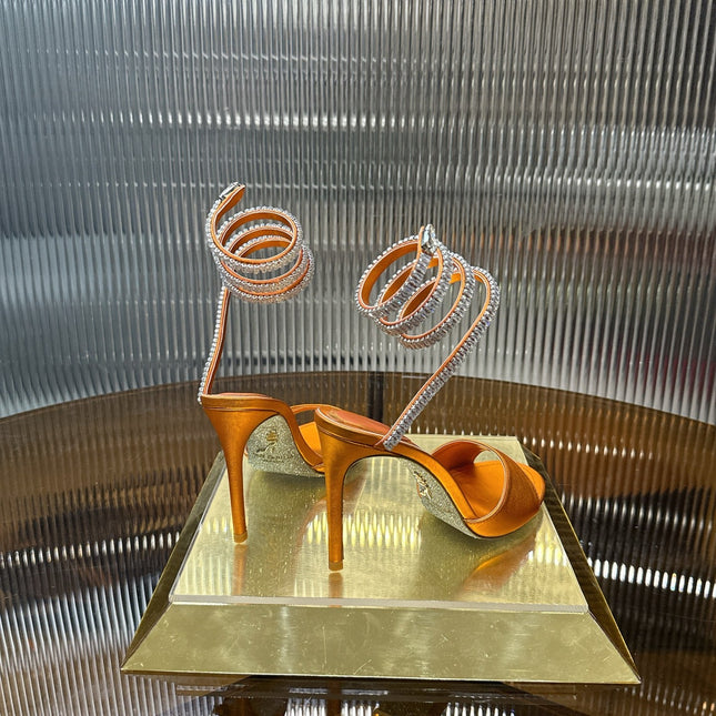 RENE CAOVILLA 26S HEELED SANDALS 95 MM IN DARK ORANGE LAMBSKIN