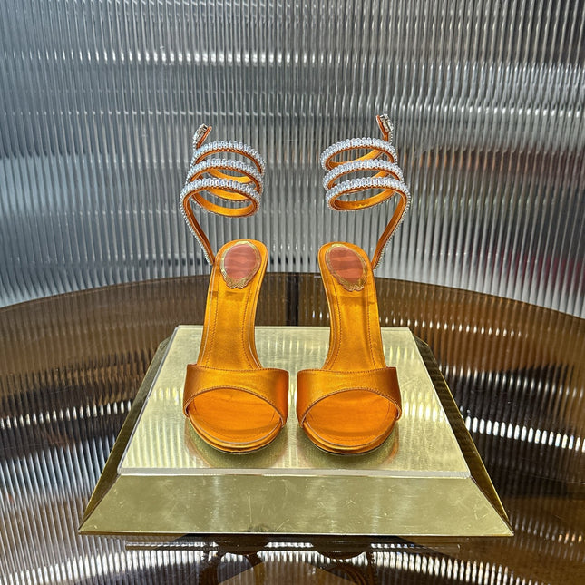 RENE CAOVILLA 26S HEELED SANDALS 95 MM IN DARK ORANGE LAMBSKIN