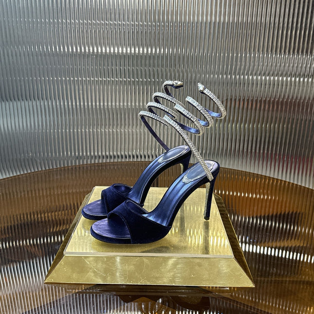 RENE CAOVILLA 26S HEELED SANDALS 95 MM IN NAVY BLUE VELVET