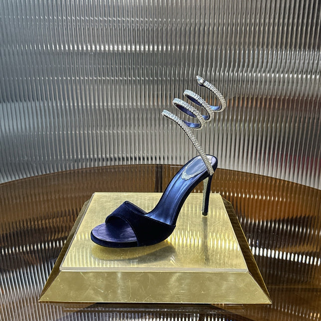 RENE CAOVILLA 26S HEELED SANDALS 95 MM IN NAVY BLUE VELVET