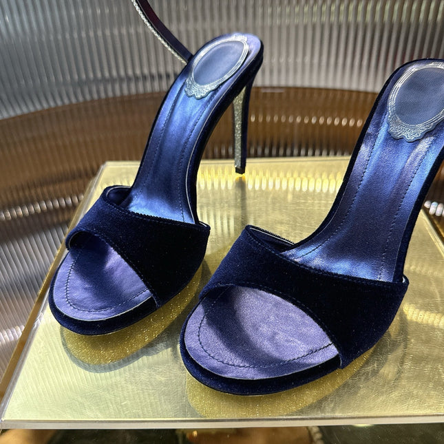 RENE CAOVILLA 26S HEELED SANDALS 95 MM IN NAVY BLUE VELVET