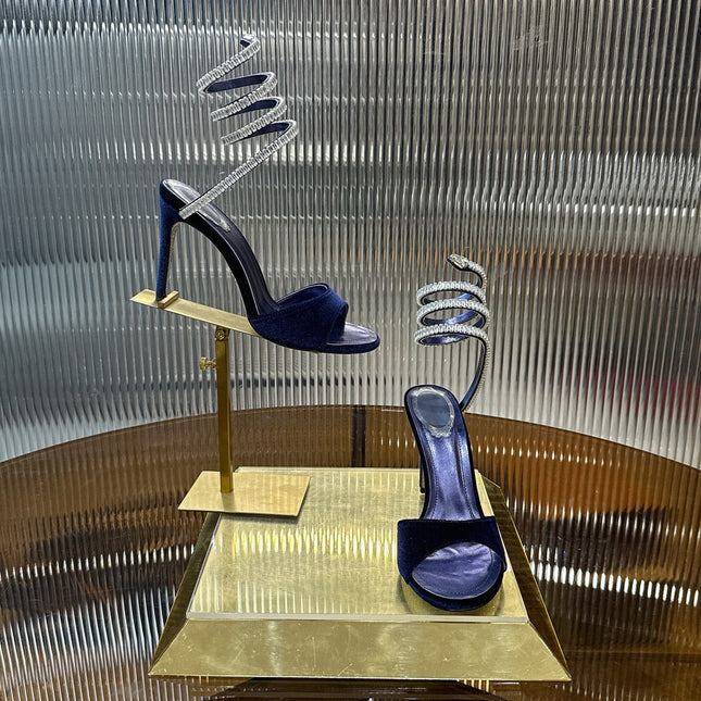 RENE CAOVILLA 26S HEELED SANDALS 95 MM IN NAVY BLUE VELVET