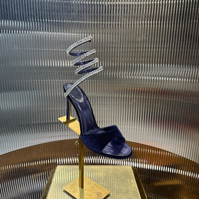 RENE CAOVILLA 26S HEELED SANDALS 95 MM IN NAVY BLUE VELVET