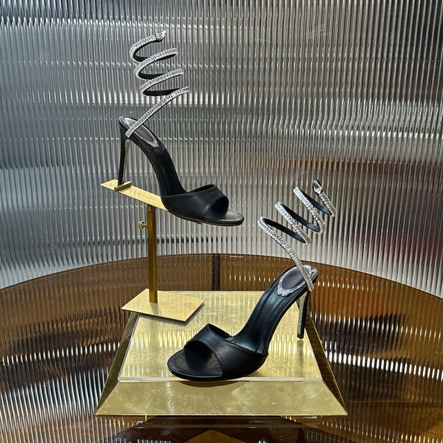 RENE CAOVILLA 26S HEELED SANDALS 95 MM IN BLACK LAMBSKIN