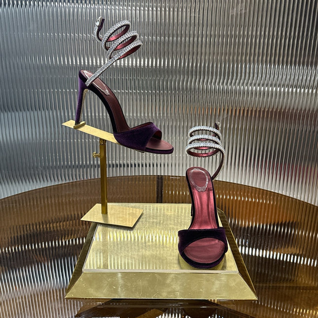 RENE CAOVILLA 26S CRYSTAL WRAP HEELS 95 MM IN DARK RED VELVET