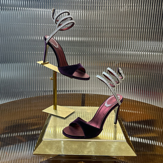 RENE CAOVILLA 26S CRYSTAL WRAP HEELS 95 MM IN DARK RED VELVET