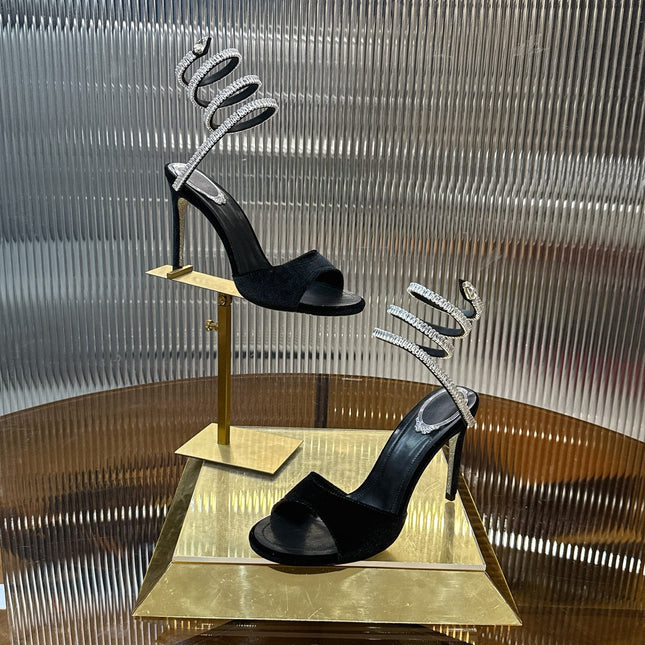 RENE CAOVILLA 26S CRYSTAL WRAP HEELS 95 MM IN BLACK VELVET