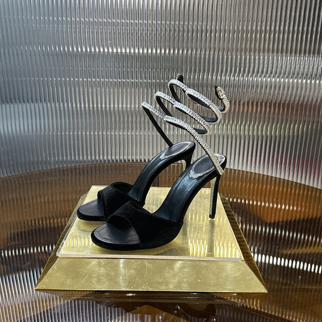 RENE CAOVILLA 26S CRYSTAL WRAP HEELS 95 MM IN BLACK VELVET