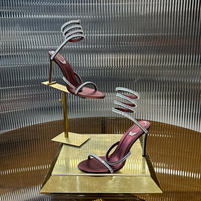 RENE CAOVILLA 26S STILETTO SANDALS 95 MM IN DARK RED LAMBSKIN