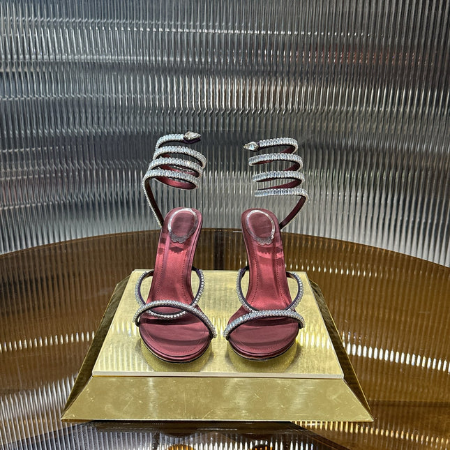 RENE CAOVILLA 26S STILETTO SANDALS 95 MM IN DARK RED LAMBSKIN