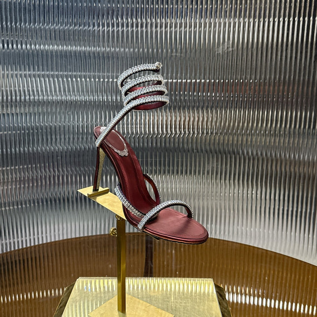 RENE CAOVILLA 26S STILETTO SANDALS 95 MM IN DARK RED LAMBSKIN