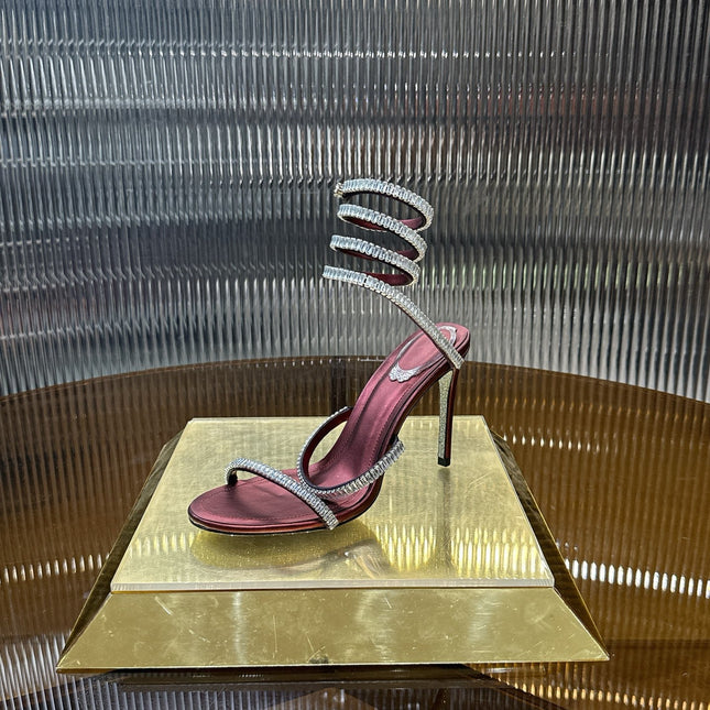 RENE CAOVILLA 26S STILETTO SANDALS 95 MM IN DARK RED LAMBSKIN