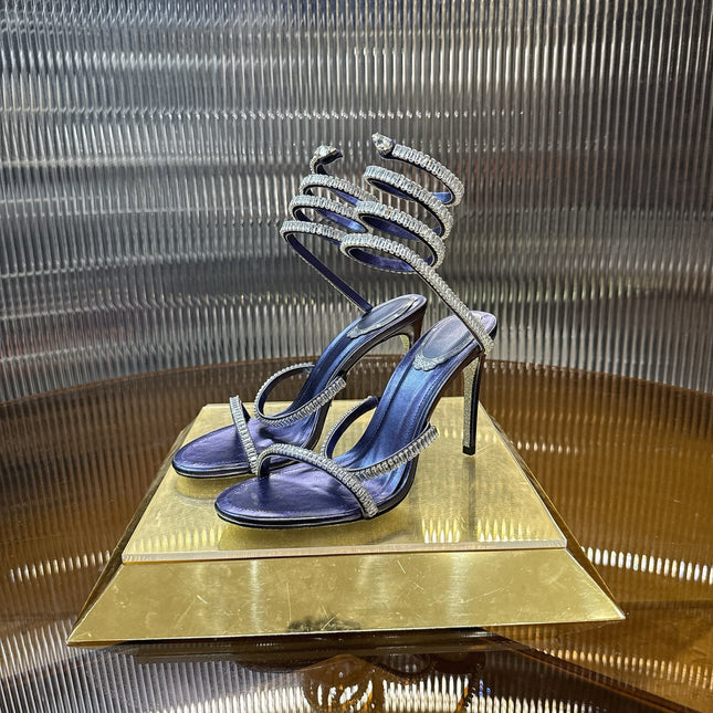 RENE CAOVILLA 26S STILETTO SANDALS 95 MM IN NAVY BLUE LAMBSKIN