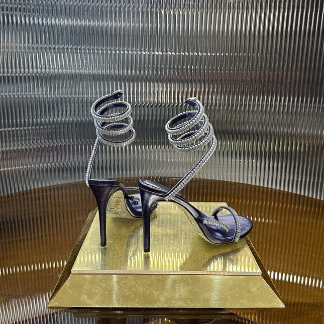 RENE CAOVILLA 26S STILETTO SANDALS 95 MM IN NAVY BLUE LAMBSKIN