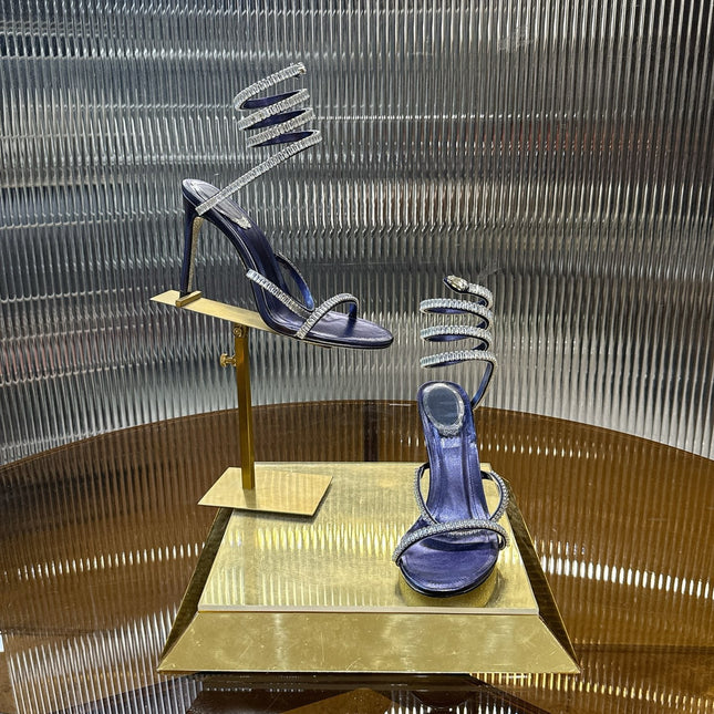 RENE CAOVILLA 26S STILETTO SANDALS 95 MM IN NAVY BLUE LAMBSKIN