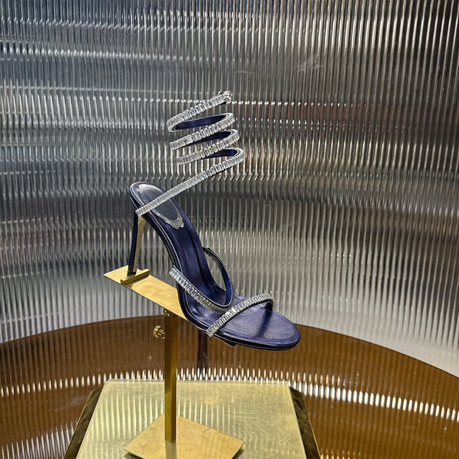 RENE CAOVILLA 26S STILETTO SANDALS 95 MM IN NAVY BLUE LAMBSKIN