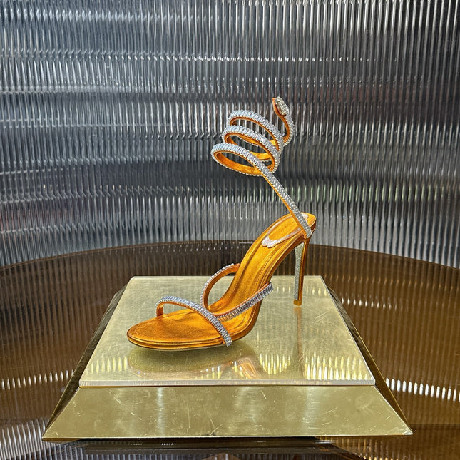 RENE CAOVILLA 26S STILETTO SANDALS 95 MM IN DARK ORANGE LAMBSKIN