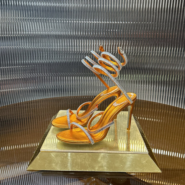 RENE CAOVILLA 26S STILETTO SANDALS 95 MM IN DARK ORANGE LAMBSKIN