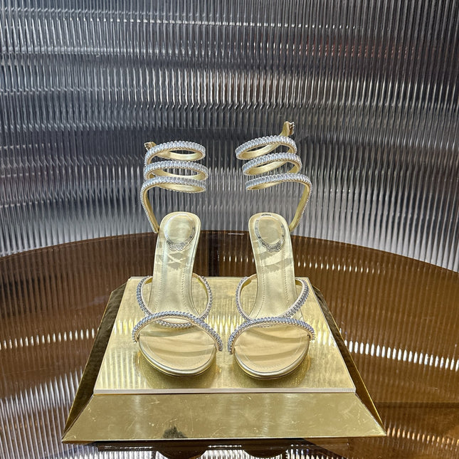 RENE CAOVILLA 26S STILETTO SANDALS 95 MM IN LIGHT GOLD LAMBSKIN