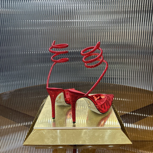 RENE CAOVILLA 26S HIGH-HEEL 100 MM IN RED MESH AND LAMBSKIN EMBELLISHED