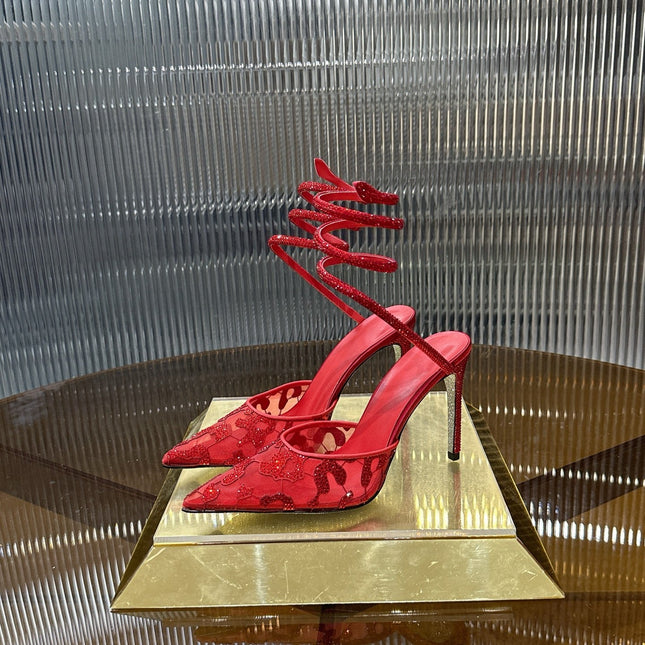 RENE CAOVILLA 26S HIGH-HEEL 100 MM IN RED MESH AND LAMBSKIN EMBELLISHED