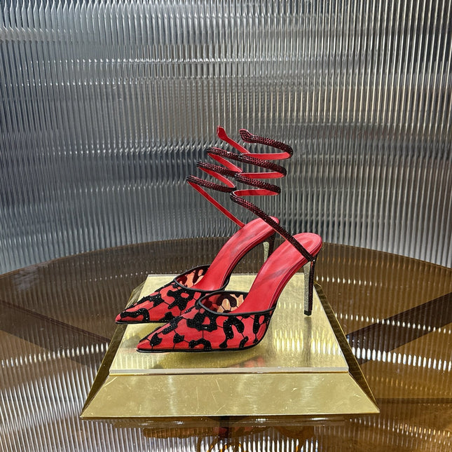 RENE CAOVILLA 26S HIGH-HEEL 100 MM IN BLACK MESH AND RED LAMBSKIN EMBELLISHED
