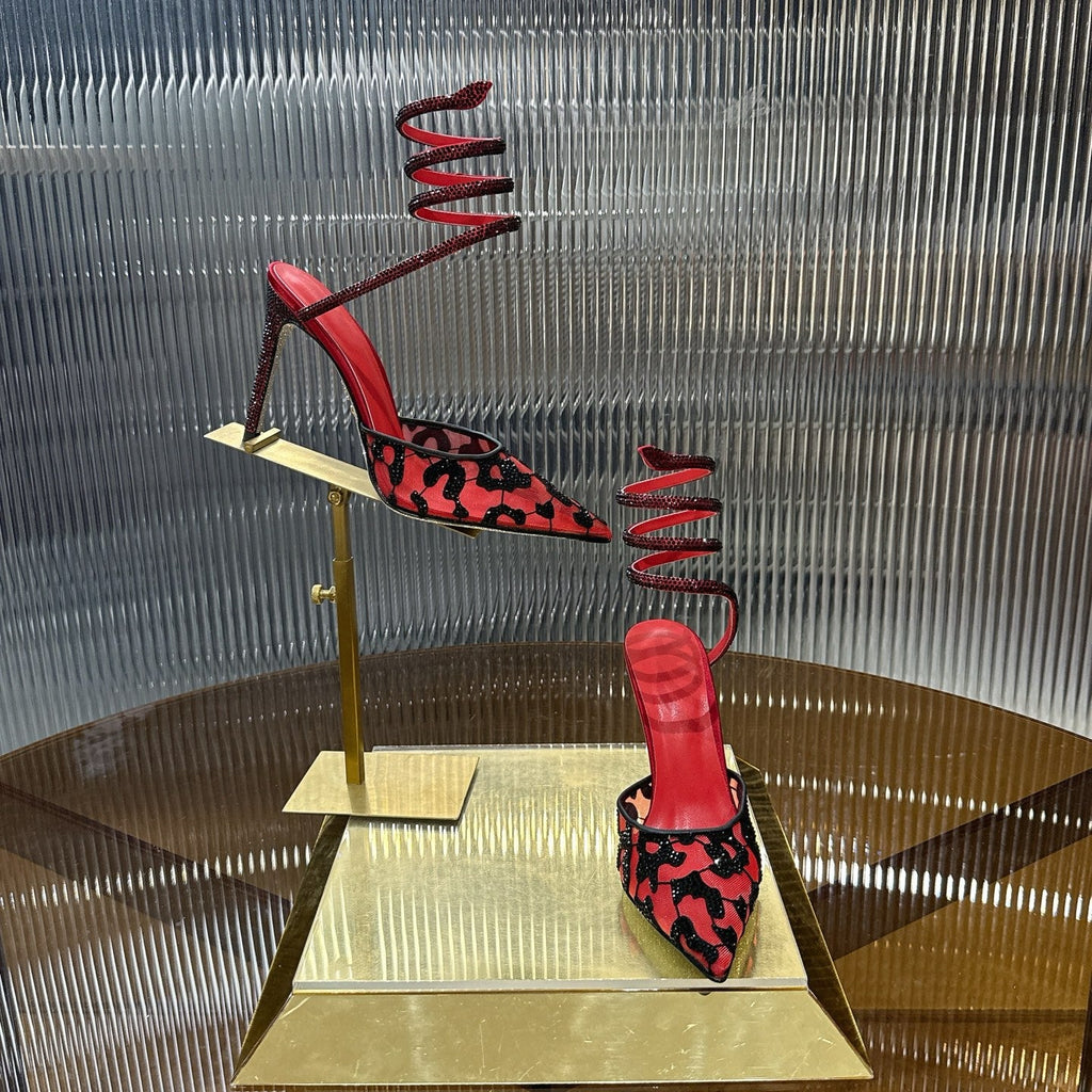 RENE CAOVILLA 26S HIGH-HEEL 100 MM IN BLACK MESH AND RED LAMBSKIN EMBELLISHED