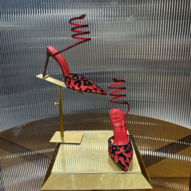 RENE CAOVILLA 26S HIGH-HEEL 100 MM IN BLACK MESH AND RED LAMBSKIN EMBELLISHED